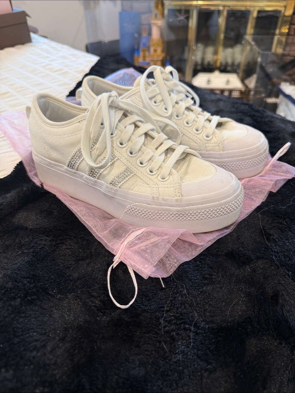 adidas White Platform Sneakers with Crystal Three-Stripes